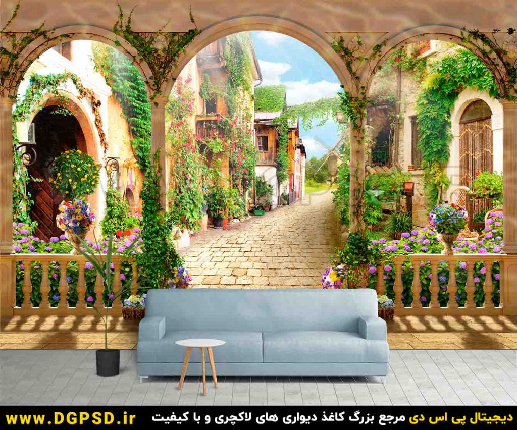 کاغذ دیواری سه بعدی طرح بافت قدیمی کوچه شهر