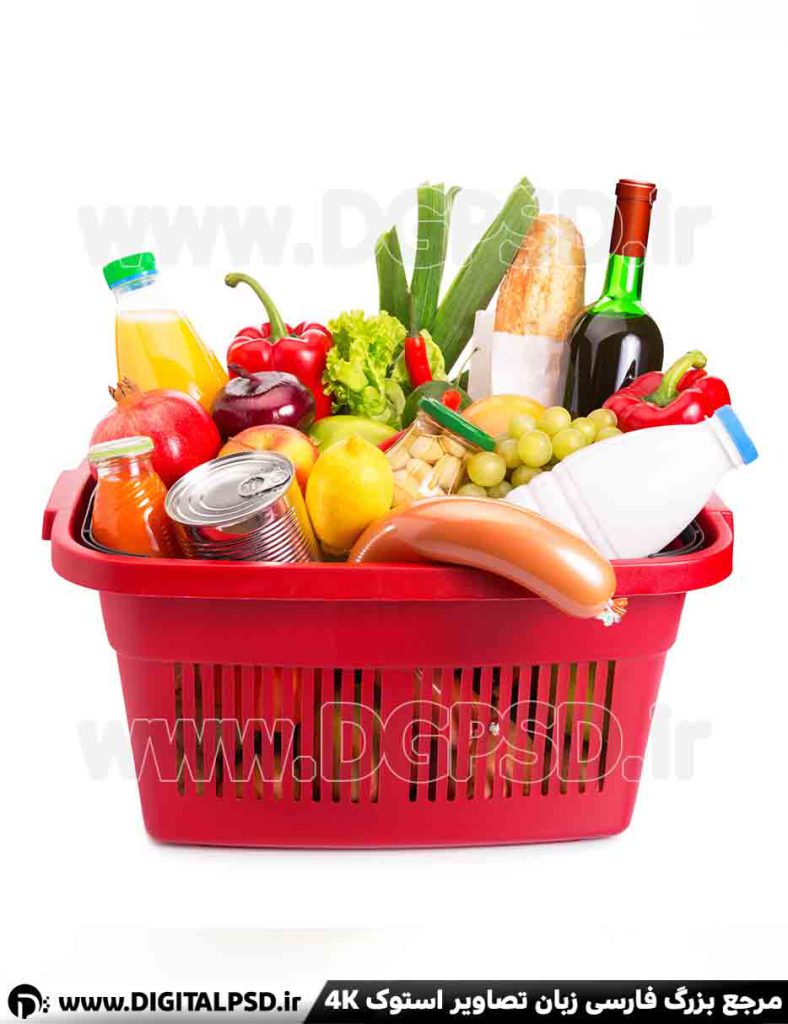 عکس سبد قرمز مواد غذایی در زمینه سفید