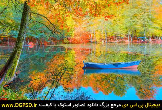 عکس منظره پاییزی قایق روی دریاچه