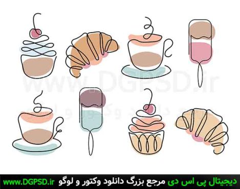 وکتور خطی انواع شیرینی و دونات با قهوه