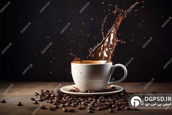 عکس فنجان قهوه با دانه های قهوه و زمینه مشکی