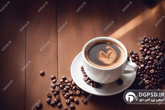 نمونه عکس فنجان قهوه با دانه ها و زمینه چوبی