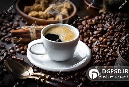 نمونه تصویر فنجان قهوه با دانه قهوه